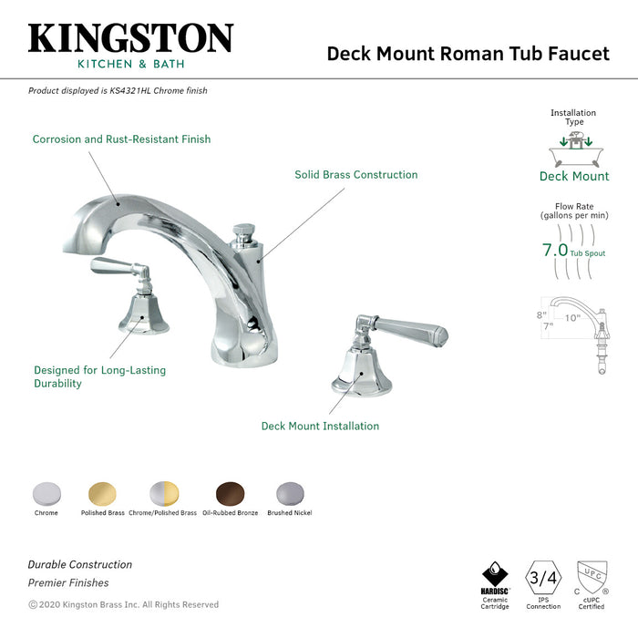 Kingston Tulare KS4322HL - Metropolitan Two-Handle 3-Hole Deck Mount Roman Tub Faucet, Polished Brass