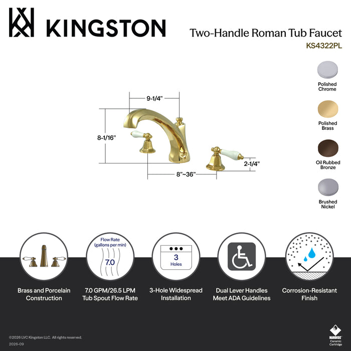 Kingston Tulare KS4322PL - Metropolitan Two-Handle 3-Hole Deck Mount Roman Tub Faucet, Polished Brass