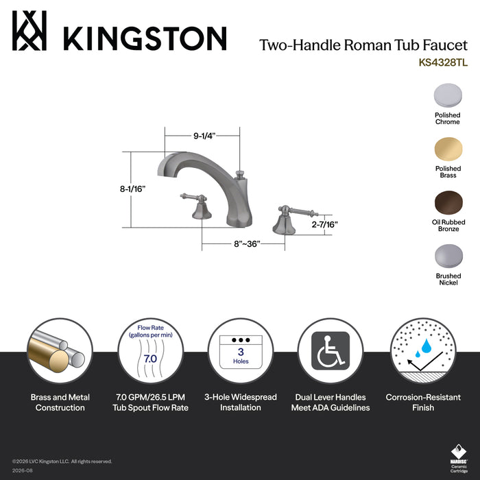 Kingston Heirloom KS4322TL - Metropolitan Two-Handle 3-Hole Deck Mount Roman Tub Faucet, Polished Brass