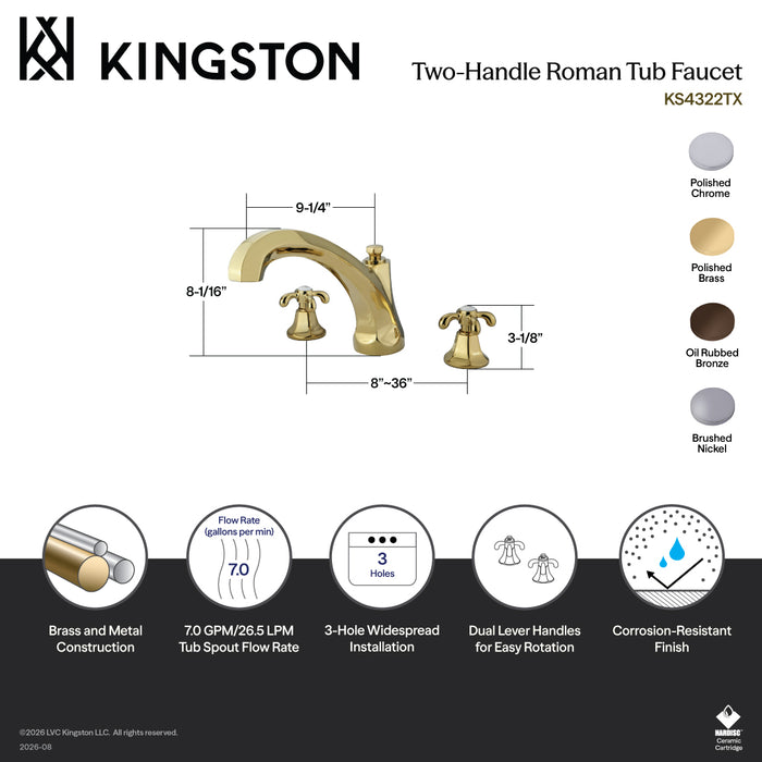 Kingston Tulare KS4322TX - Vintage Two-Handle 3-Hole Deck Mount Roman Tub Faucet, Polished Brass