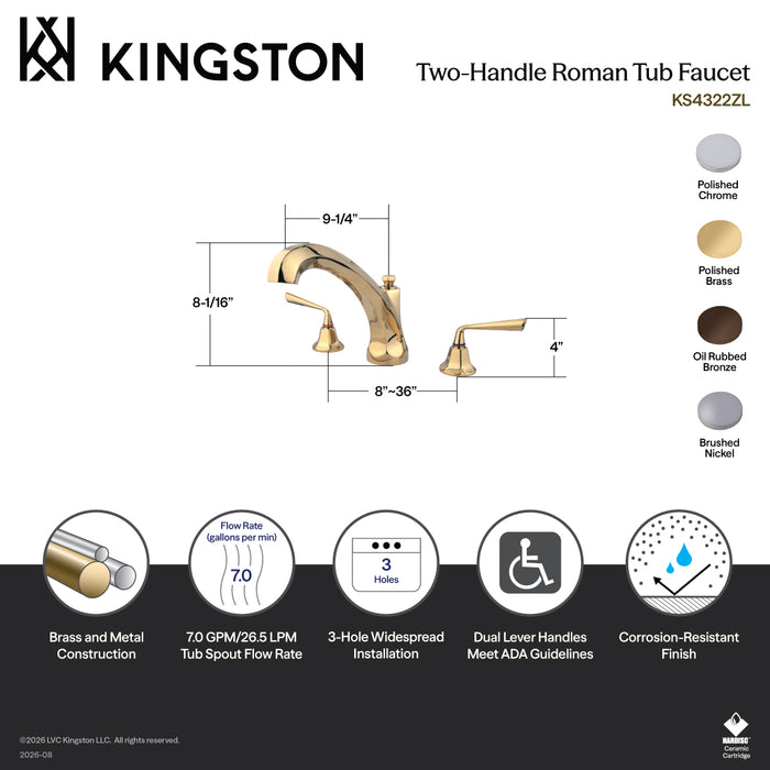 Kingston Tulare KS4322ZL - Silver Sage Two-Handle 3-Hole Deck Mount Roman Tub Faucet, Polished Brass