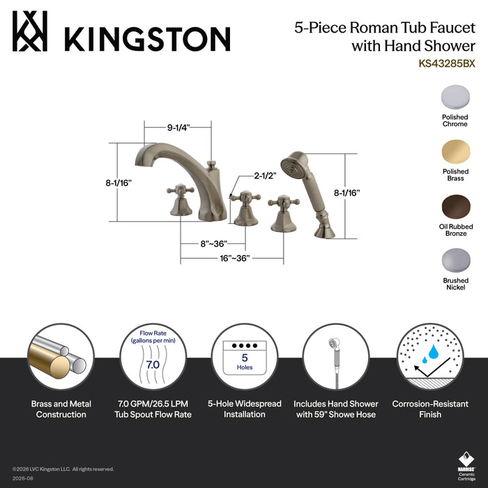 Kingston Heirloom KS43285BX - Metropolitan Three-Handle 5-Hole Deck Mount Roman Tub Faucet with Hand Shower, Brushed Nickel