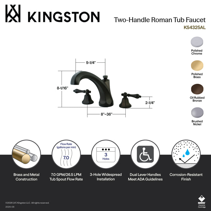 Kingston Tulare KS4328AL - Metropolitan Two-Handle 3-Hole Deck Mount Roman Tub Faucet, Brushed Nickel