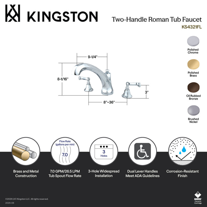 Kingston Tulare KS4328FL Two-Handle 3-Hole Deck Mount Roman Tub Faucet, Brushed Nickel