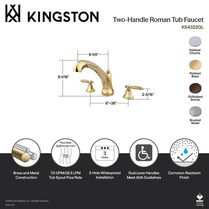 Kingston Tulare KS4328GL - Georgian Two-Handle 3-Hole Deck Mount Roman Tub Faucet, Brushed Nickel