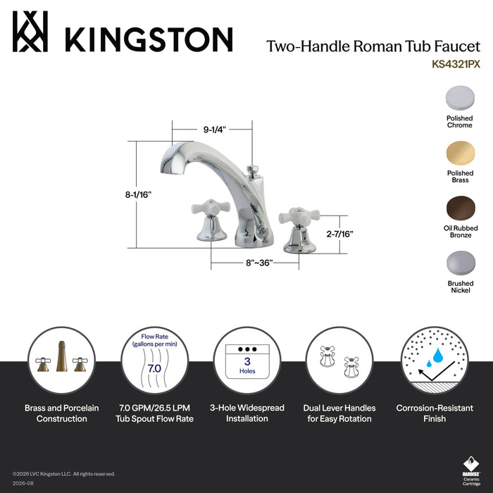 Kingston Heirloom KS4328PX - Metropolitan Two-Handle 3-Hole Deck Mount Roman Tub Faucet, Brushed Nickel