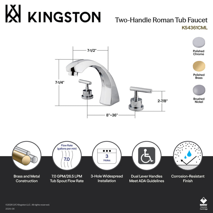 Kingston Tulare KS4361CML - Manhattan Two-Handle 3-Hole Deck Mount Roman Tub Faucet, Polished Chrome