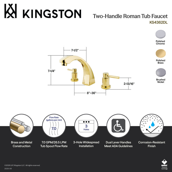 Kingston Tulare KS4361DL - Concord Two-Handle 3-Hole Deck Mount Roman Tub Faucet, Polished Chrome