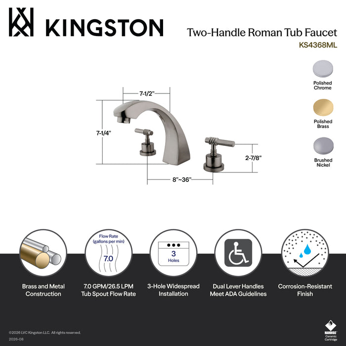 Kingston Tulare KS4361ML Two-Handle 3-Hole Deck Mount Roman Tub Faucet, Polished Chrome