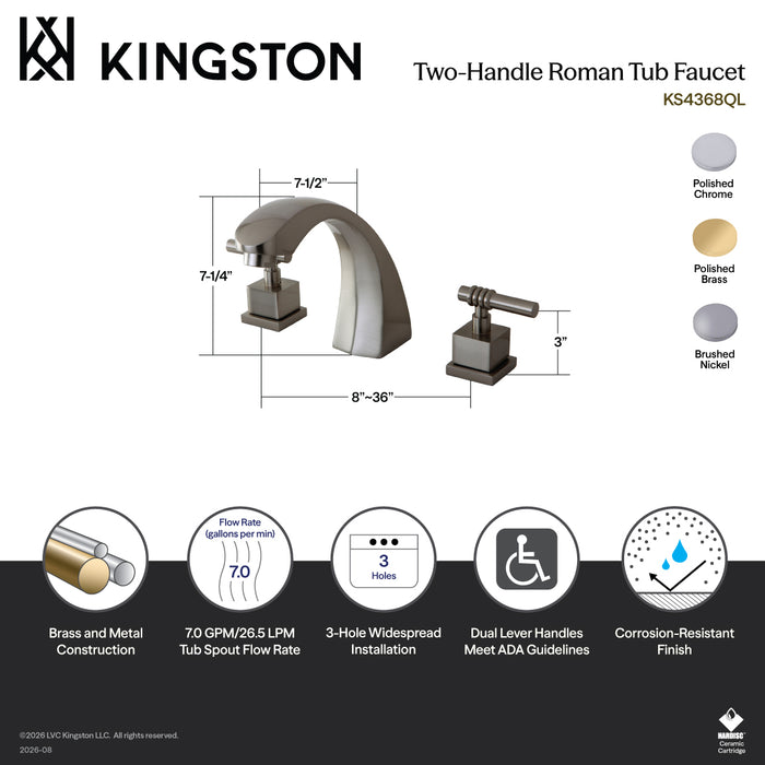 Kingston Sona KS4362QL - Fortress Two-Handle 3-Hole Deck Mount Roman Tub Faucet, Polished Brass