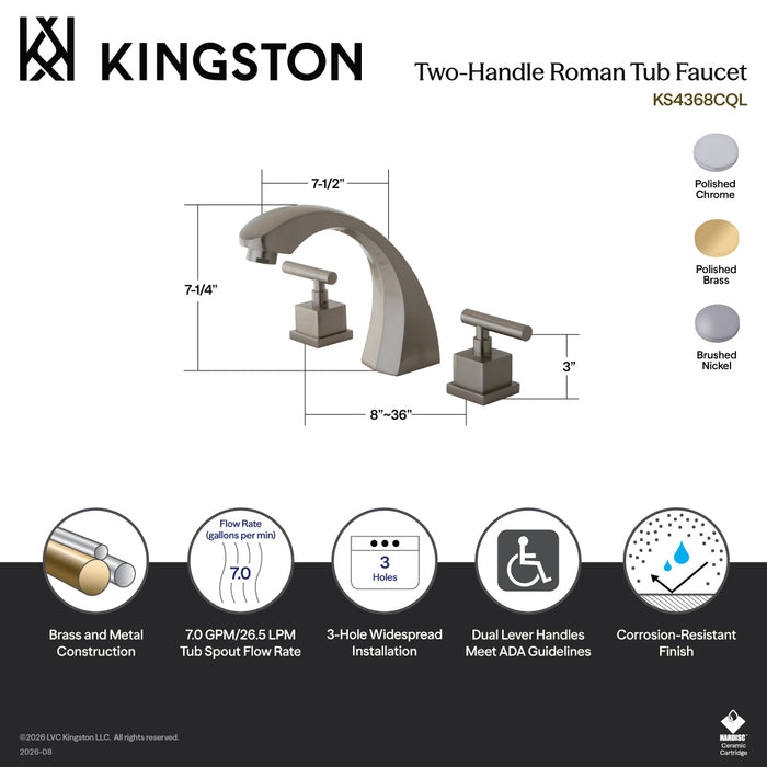 Kingston Sona KS4368CQL - Concord Two-Handle 3-Hole Deck Mount Roman Tub Faucet, Brushed Nickel