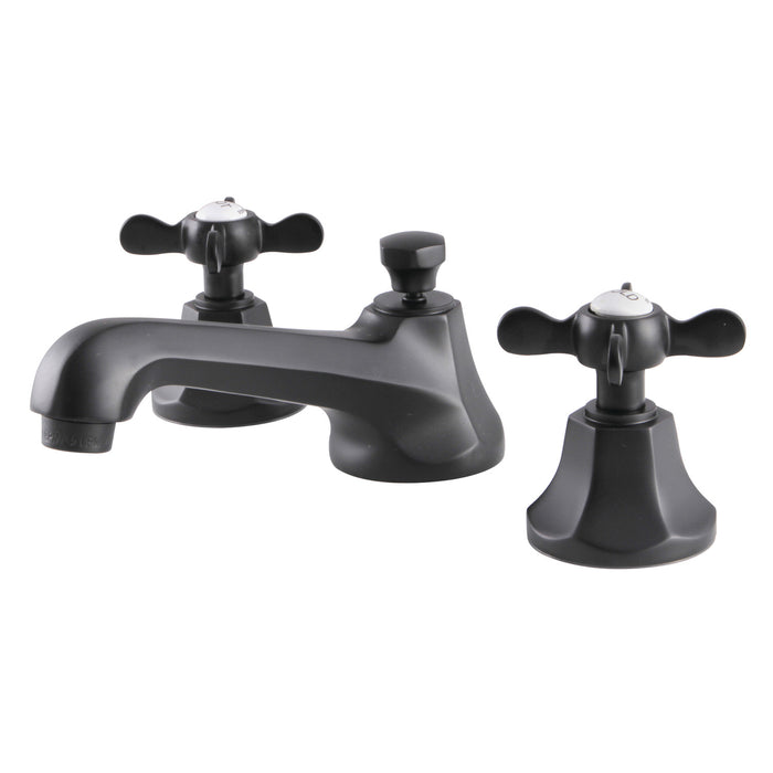 Kingston Tulare KS4460BEX - Essex Two-Handle 3-Hole Deck Mount Widespread Bathroom Faucet with Brass Pop-Up, Matte Black