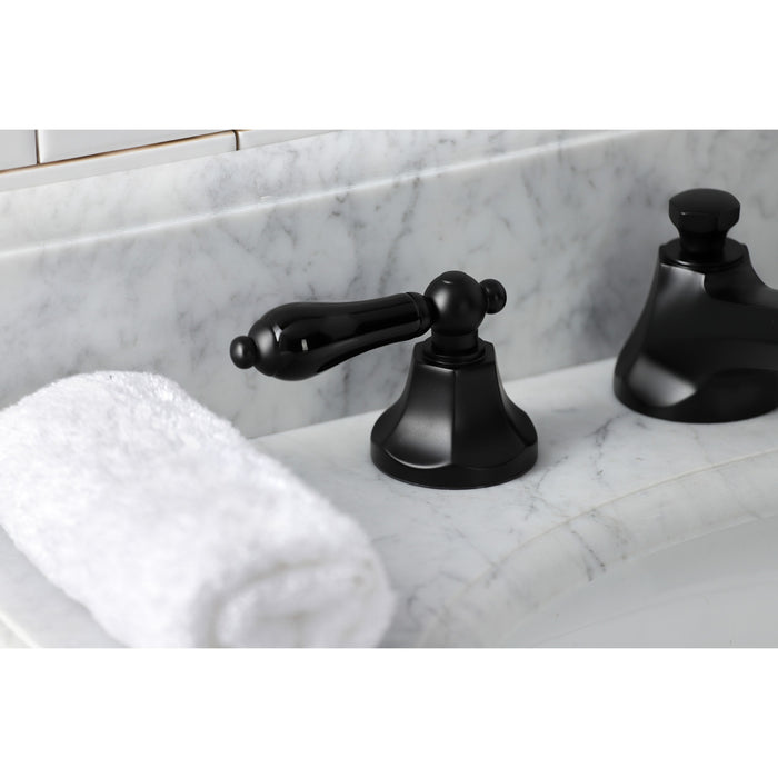 Kingston Tulare KS4460PKL - Duchess Two-Handle 3-Hole Deck Mount Widespread Bathroom Faucet with Brass Pop-Up, Matte Black