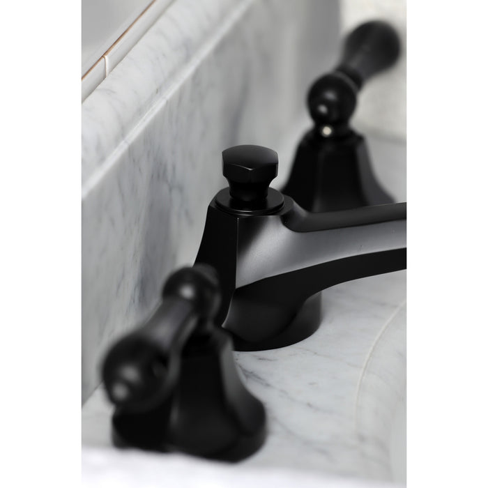 Kingston Tulare KS4460PKL - Duchess Two-Handle 3-Hole Deck Mount Widespread Bathroom Faucet with Brass Pop-Up, Matte Black