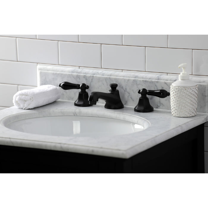 Kingston Tulare KS4460PKL - Duchess Two-Handle 3-Hole Deck Mount Widespread Bathroom Faucet with Brass Pop-Up, Matte Black