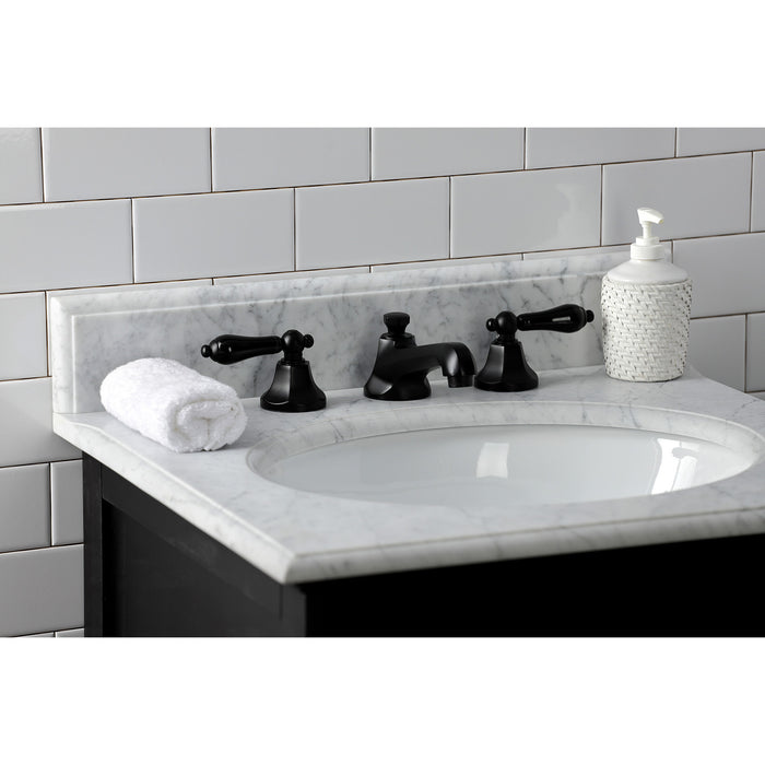 Kingston Tulare KS4460PKL - Duchess Two-Handle 3-Hole Deck Mount Widespread Bathroom Faucet with Brass Pop-Up, Matte Black