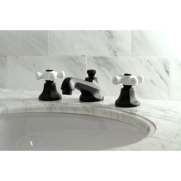 Kingston Tulare KS4460PX - Metropolitan Two-Handle 3-Hole Deck Mount Widespread Bathroom Faucet with Brass Pop-Up, Matte Black