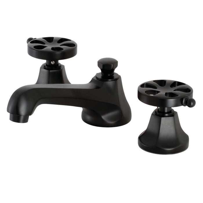 Kingston Tulare KS4460RX - Belknap Two-Handle 3-Hole Deck Mount Widespread Bathroom Faucet with Brass Pop-Up, Matte Black