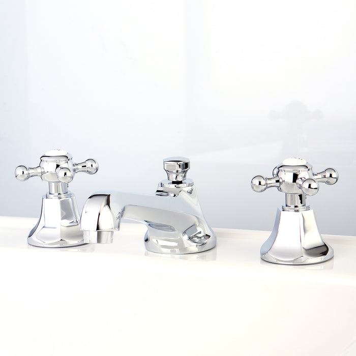 Kingston Heirloom KS4461BX - Metropolitan Two-Handle 3-Hole Deck Mount Widespread Bathroom Faucet with Brass Pop-Up, Polished Chrome