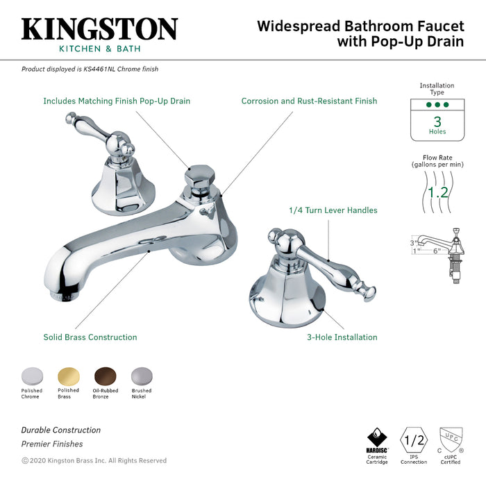 Kingston Tulare KS4461NL - Naples Two-Handle 3-Hole Deck Mount Widespread Bathroom Faucet with Brass Pop-Up, Polished Chrome