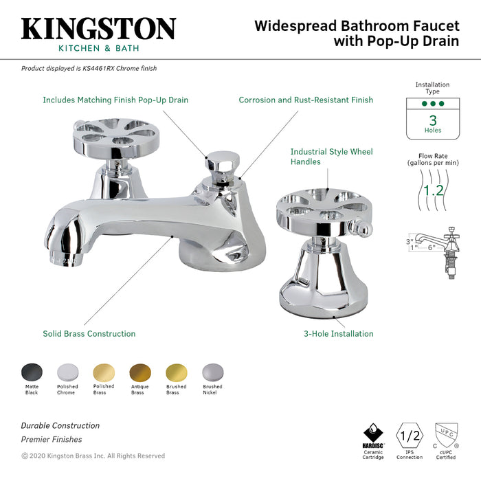 Kingston Tulare KS4461RX - Belknap Two-Handle 3-Hole Deck Mount Widespread Bathroom Faucet with Brass Pop-Up, Polished Chrome