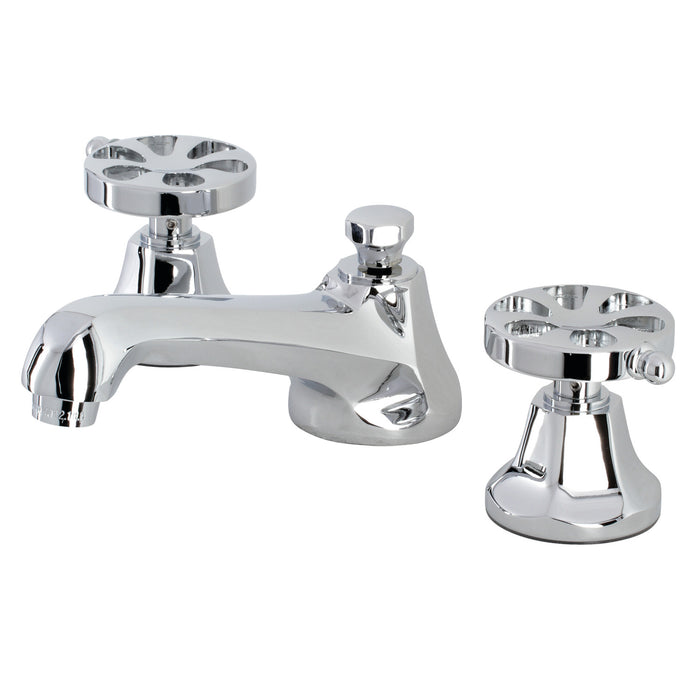 Kingston Tulare KS4461RX - Belknap Two-Handle 3-Hole Deck Mount Widespread Bathroom Faucet with Brass Pop-Up, Polished Chrome