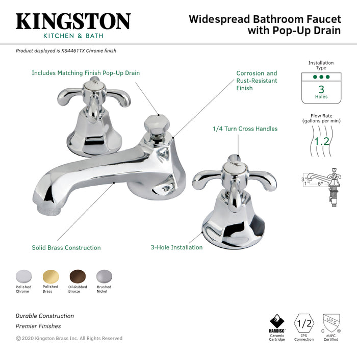 Kingston Tulare KS4461TX - French Country Two-Handle 3-Hole Deck Mount Widespread Bathroom Faucet with Brass Pop-Up, Polished Chrome