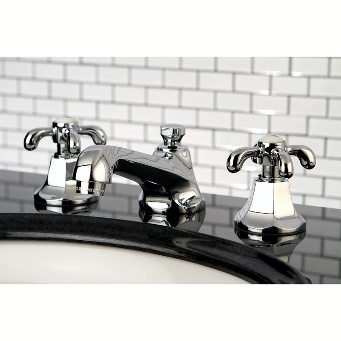Kingston Tulare KS4461TX - French Country Two-Handle 3-Hole Deck Mount Widespread Bathroom Faucet with Brass Pop-Up, Polished Chrome
