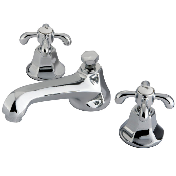 Kingston Tulare KS4461TX - French Country Two-Handle 3-Hole Deck Mount Widespread Bathroom Faucet with Brass Pop-Up, Polished Chrome