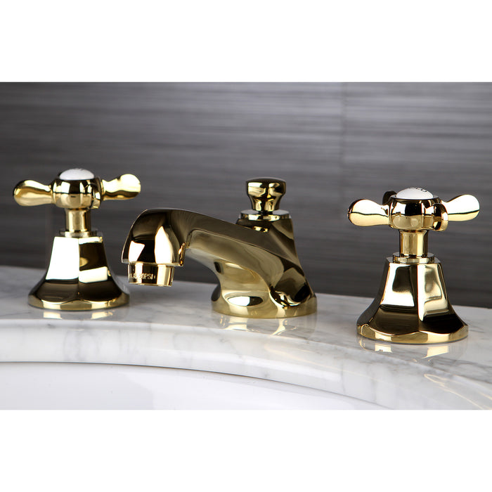 Kingston Tulare KS4462BEX - Essex Two-Handle 3-Hole Deck Mount Widespread Bathroom Faucet with Brass Pop-Up, Polished Brass