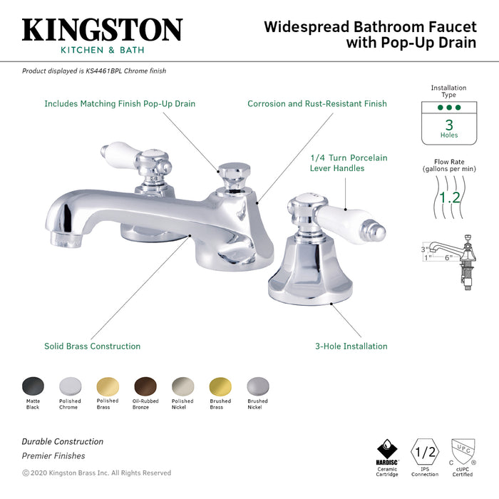 Kingston Tulare KS4462BPL - Bel-Air Two-Handle 3-Hole Deck Mount Widespread Bathroom Faucet with Brass Pop-Up, Polished Brass