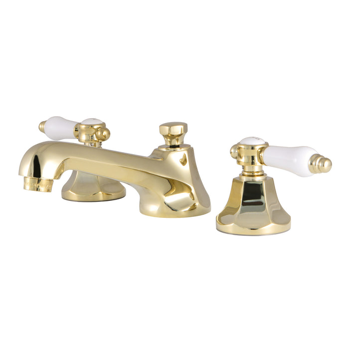 Kingston Tulare KS4462BPL - Bel-Air Two-Handle 3-Hole Deck Mount Widespread Bathroom Faucet with Brass Pop-Up, Polished Brass
