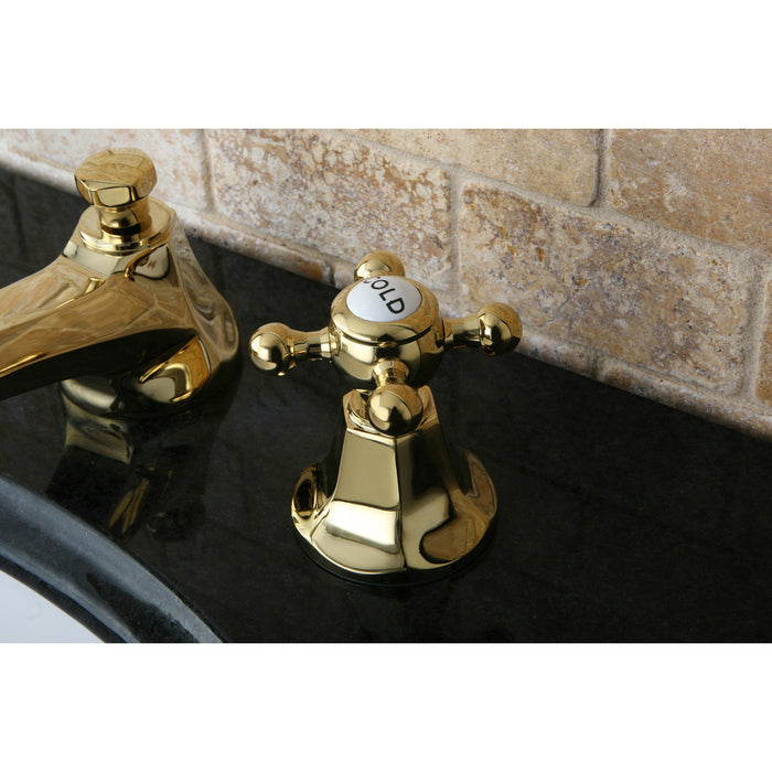 Kingston Heirloom KS4462BX - Metropolitan Two-Handle 3-Hole Deck Mount Widespread Bathroom Faucet with Brass Pop-Up, Polished Brass