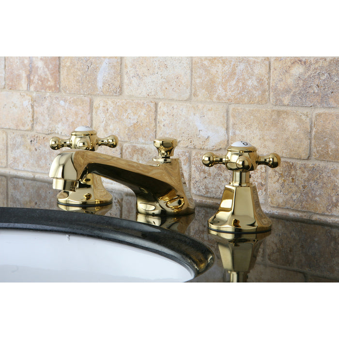 Kingston Heirloom KS4462BX - Metropolitan Two-Handle 3-Hole Deck Mount Widespread Bathroom Faucet with Brass Pop-Up, Polished Brass