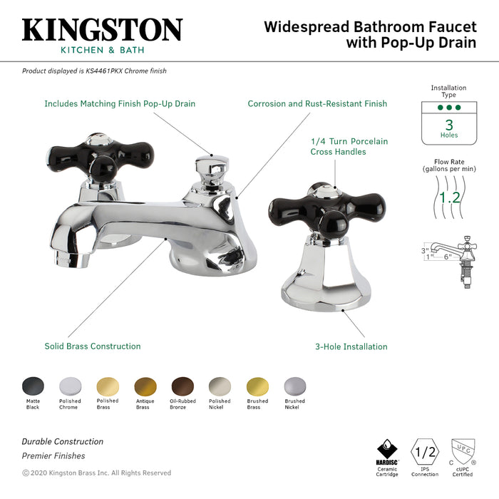 Kingston Tulare KS4462PKX - Duchess Two-Handle 3-Hole Deck Mount Widespread Bathroom Faucet with Brass Pop-Up, Polished Brass