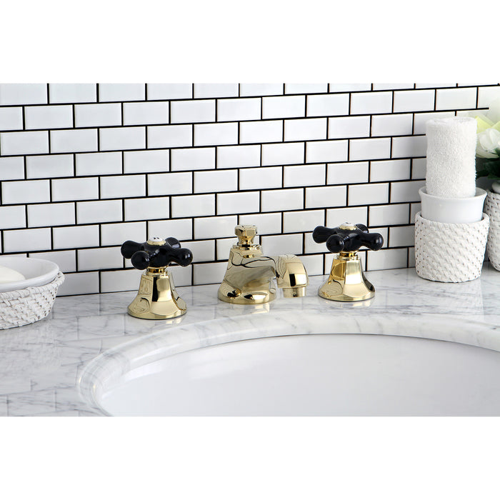 Kingston Tulare KS4462PKX - Duchess Two-Handle 3-Hole Deck Mount Widespread Bathroom Faucet with Brass Pop-Up, Polished Brass