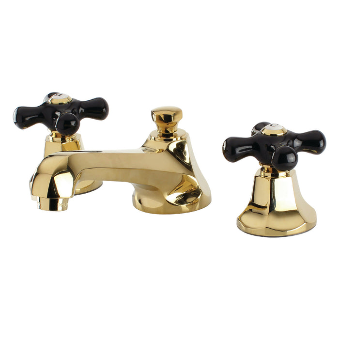 Kingston Tulare KS4462PKX - Duchess Two-Handle 3-Hole Deck Mount Widespread Bathroom Faucet with Brass Pop-Up, Polished Brass