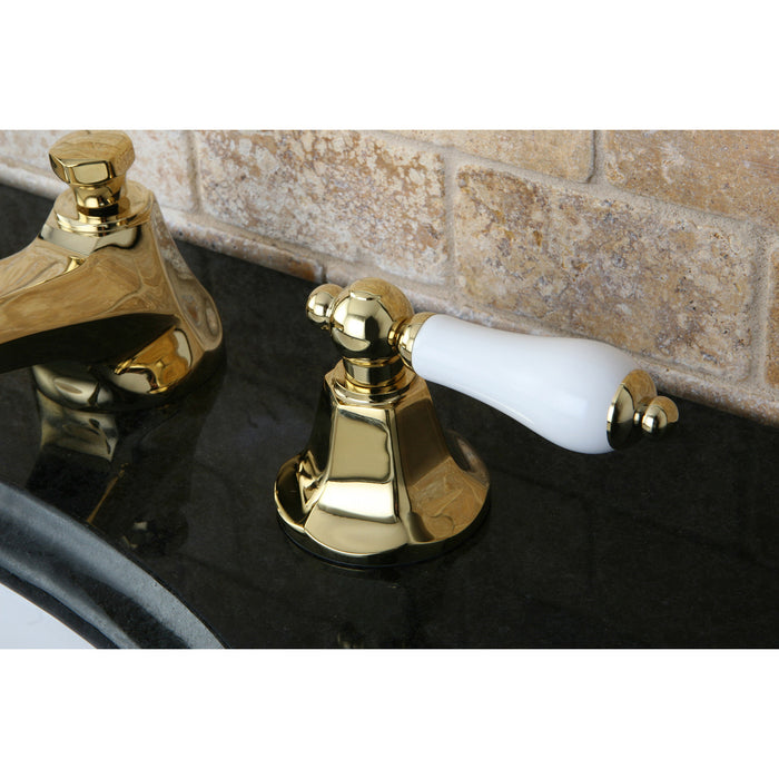 Kingston Tulare KS4462PL - Metropolitan Two-Handle 3-Hole Deck Mount Widespread Bathroom Faucet with Brass Pop-Up, Polished Brass