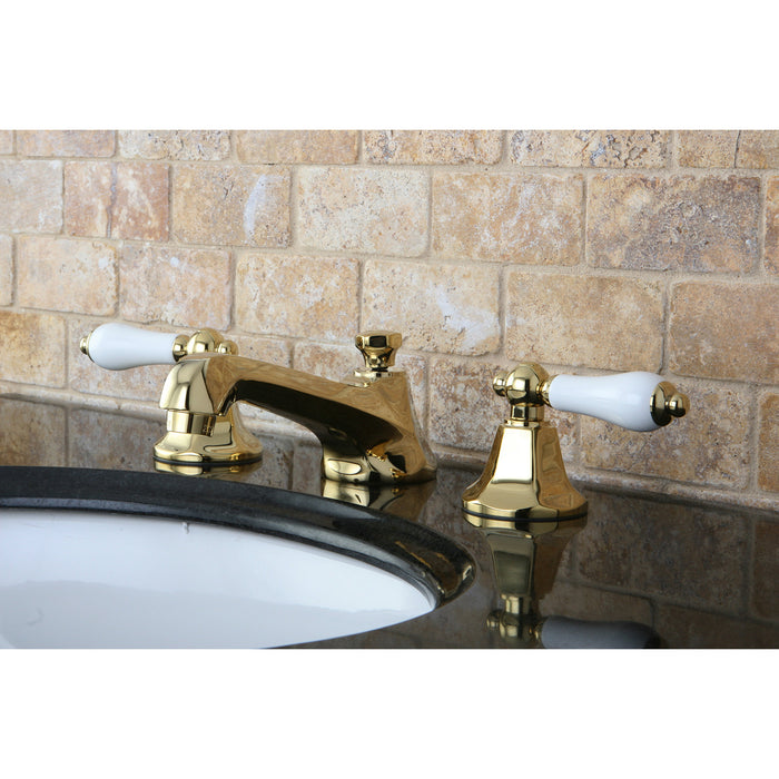 Kingston Tulare KS4462PL - Metropolitan Two-Handle 3-Hole Deck Mount Widespread Bathroom Faucet with Brass Pop-Up, Polished Brass