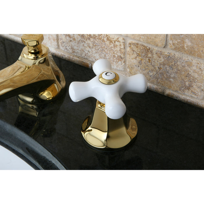 Kingston Tulare KS4462PX - Metropolitan Two-Handle 3-Hole Deck Mount Widespread Bathroom Faucet with Brass Pop-Up, Polished Brass