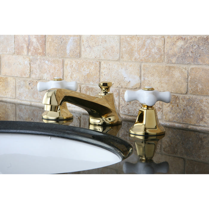 Kingston Tulare KS4462PX - Metropolitan Two-Handle 3-Hole Deck Mount Widespread Bathroom Faucet with Brass Pop-Up, Polished Brass
