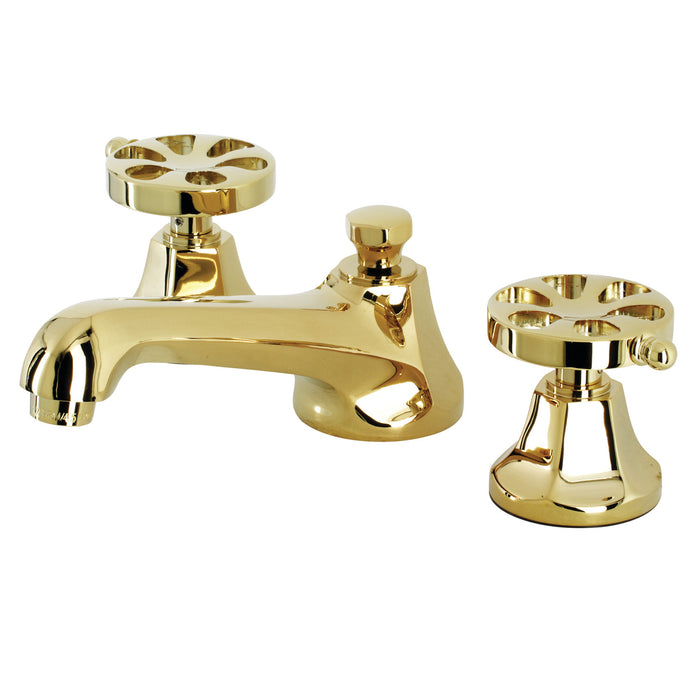 Kingston Tulare KS4462RX - Belknap Two-Handle 3-Hole Deck Mount Widespread Bathroom Faucet with Brass Pop-Up, Polished Brass
