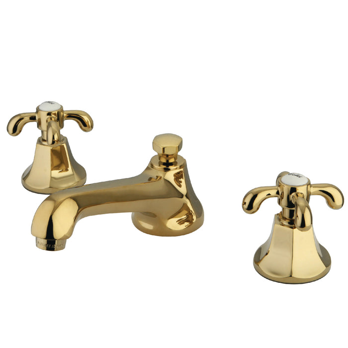 Kingston Tulare KS4462TX - French Country Two-Handle 3-Hole Deck Mount Widespread Bathroom Faucet with Brass Pop-Up, Polished Brass