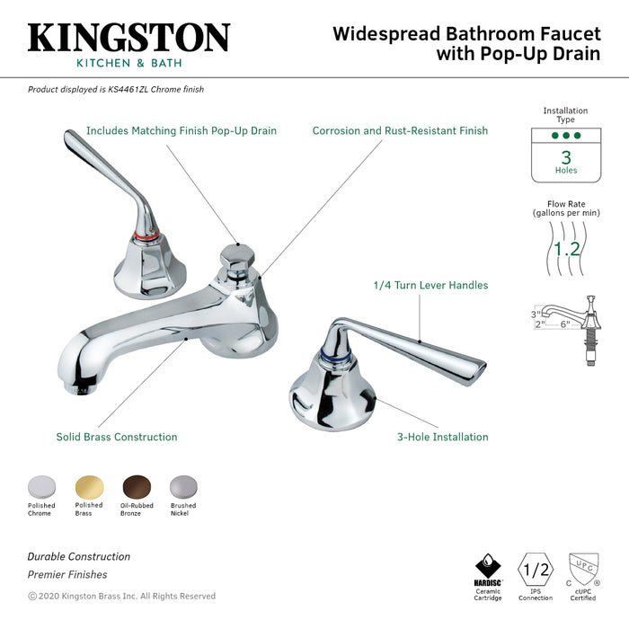 Kingston Tulare KS4462ZL - Silver Sage Two-Handle 3-Hole Deck Mount Widespread Bathroom Faucet with Brass Pop-Up, Polished Brass