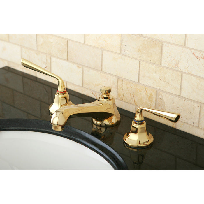 Kingston Tulare KS4462ZL - Silver Sage Two-Handle 3-Hole Deck Mount Widespread Bathroom Faucet with Brass Pop-Up, Polished Brass