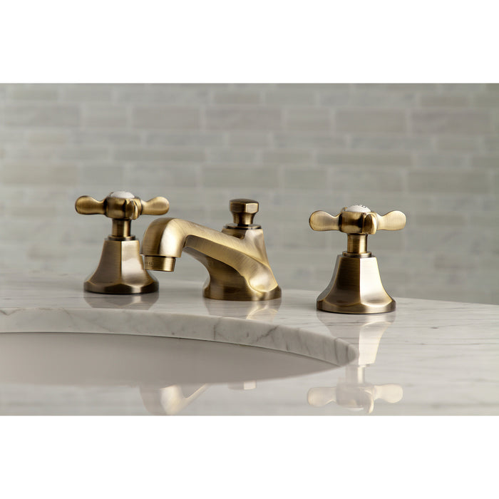 Kingston Tulare KS4463BEX - Essex Two-Handle 3-Hole Deck Mount Widespread Bathroom Faucet with Brass Pop-Up, Antique Brass