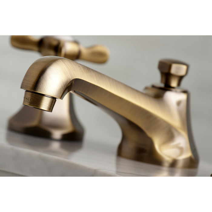 Kingston Tulare KS4463BEX - Essex Two-Handle 3-Hole Deck Mount Widespread Bathroom Faucet with Brass Pop-Up, Antique Brass