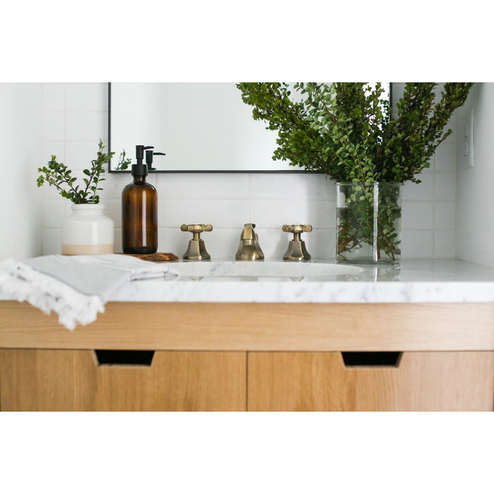 Kingston Tulare KS4463BEX - Essex Two-Handle 3-Hole Deck Mount Widespread Bathroom Faucet with Brass Pop-Up, Antique Brass