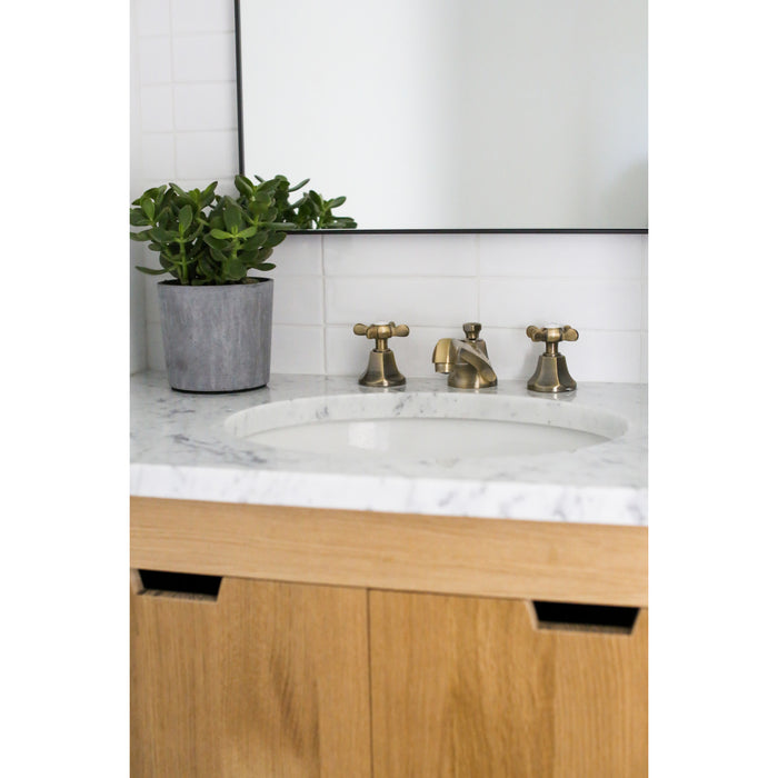 Kingston Tulare KS4463BEX - Essex Two-Handle 3-Hole Deck Mount Widespread Bathroom Faucet with Brass Pop-Up, Antique Brass