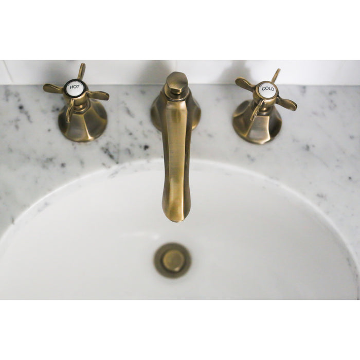 Kingston Tulare KS4463BEX - Essex Two-Handle 3-Hole Deck Mount Widespread Bathroom Faucet with Brass Pop-Up, Antique Brass